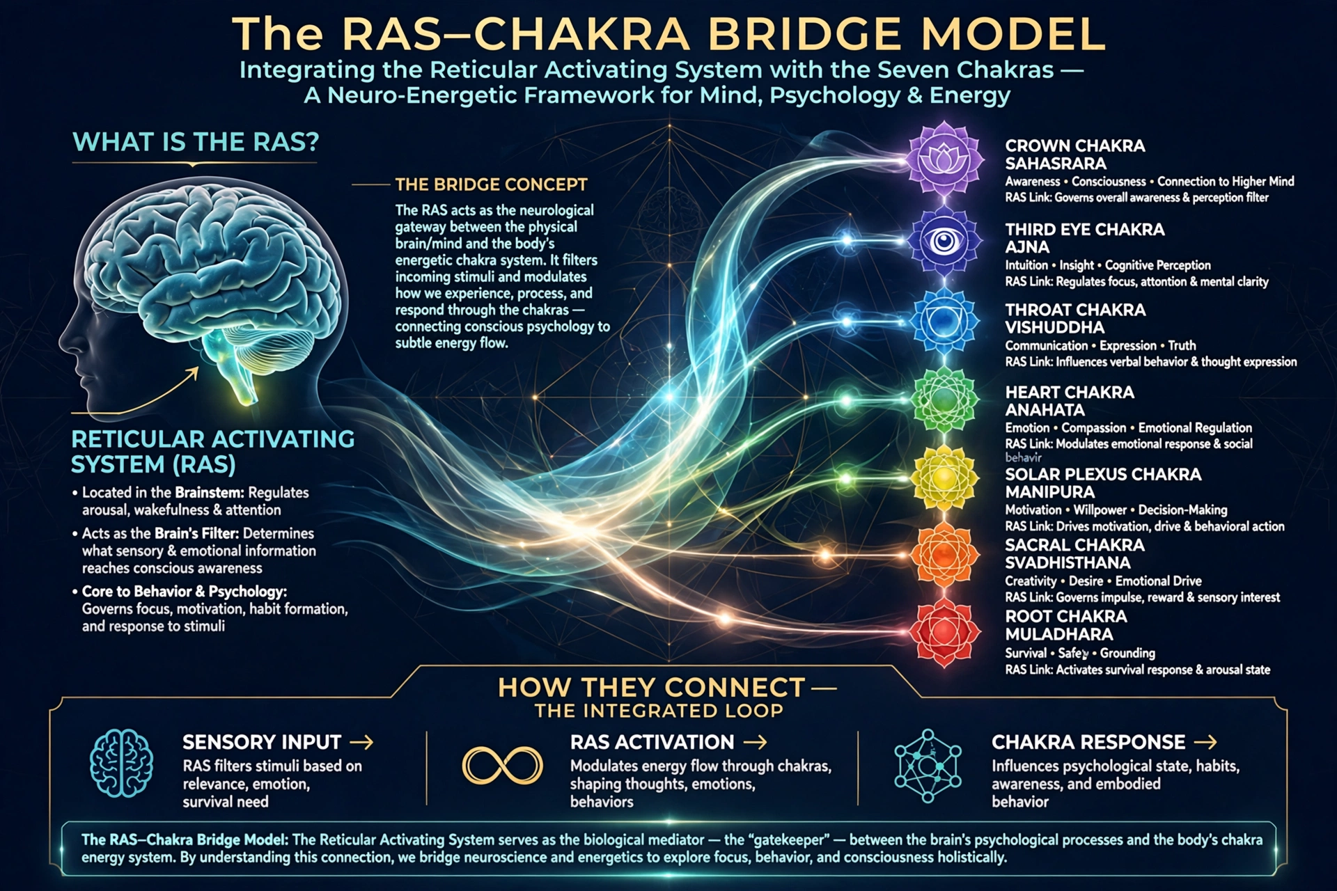 Illustrated map connecting the reticular activating system in the brain with the seven chakras